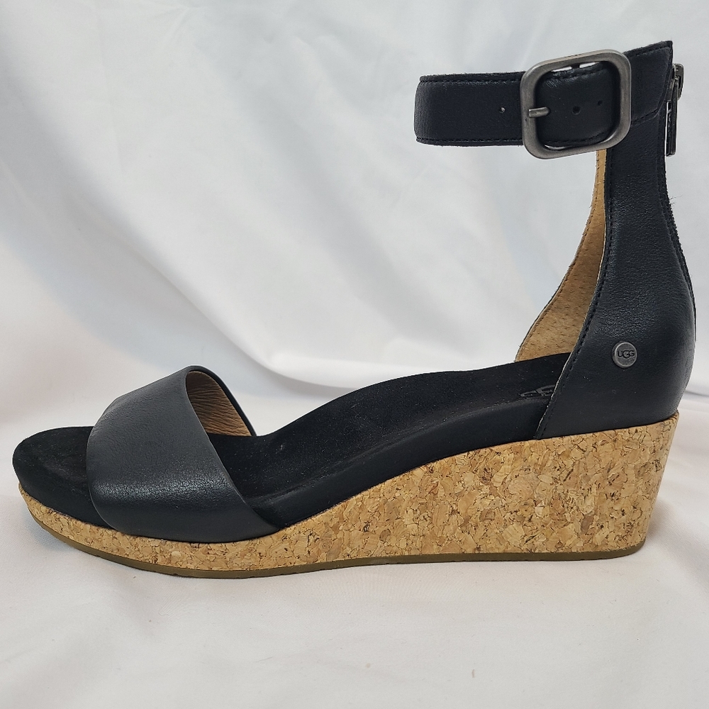 UGG Black Leather Cork Wedge Sandals with Ankle Strap